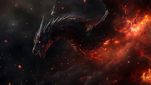 Volcanic inferno dragon with embers in turbulent smoke field