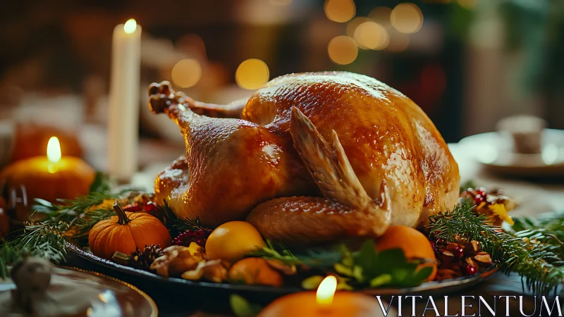 Holiday roast turkey glows amid candlelit harvest feast.