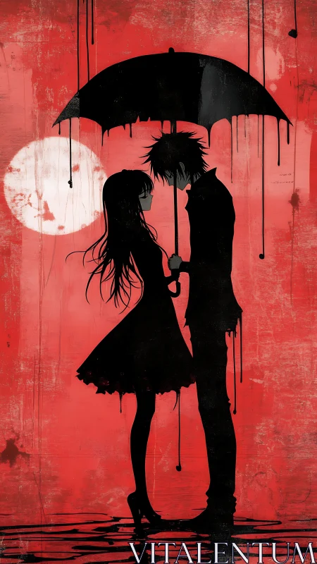 Silhouetted figures with umbrella against red background