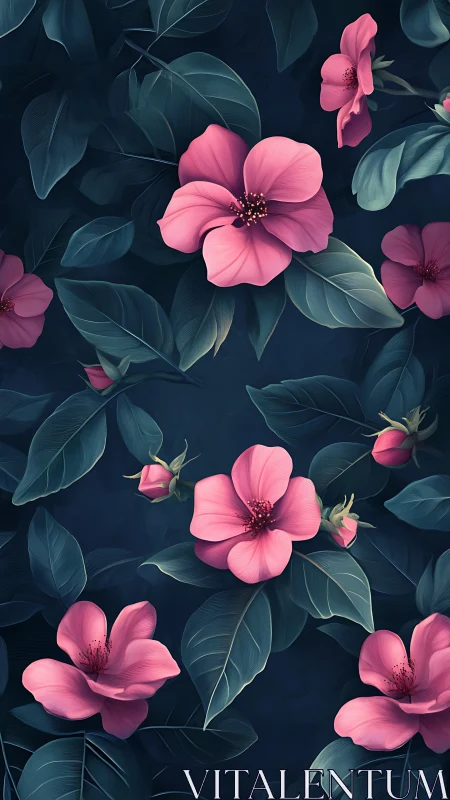Pink Blooms Against Teal Foliage in Digital Botanical Composition