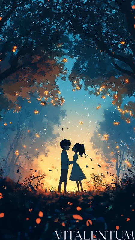 Two Children Share a Magical Moment Under Glowing Trees