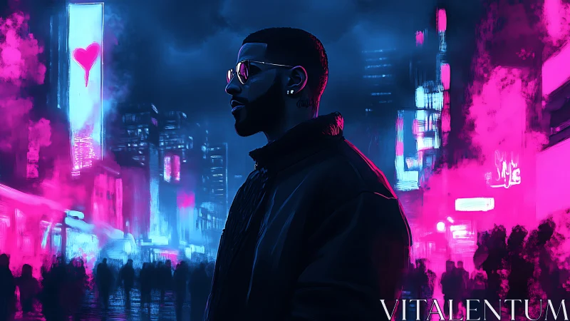 Man in neon cityscape with pink and blue night lighting.