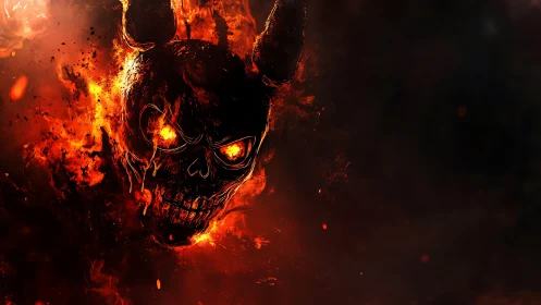 Flaming horned skull emerges from high-contrast dark background