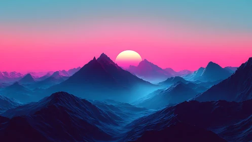 Neon twilight mountains cradle a glowing synthetic sunrise