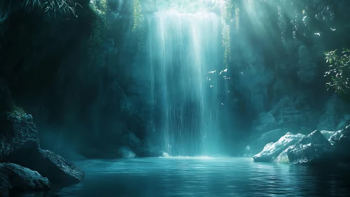 Mystic blue waterfall cascade in secluded rocky grotto.