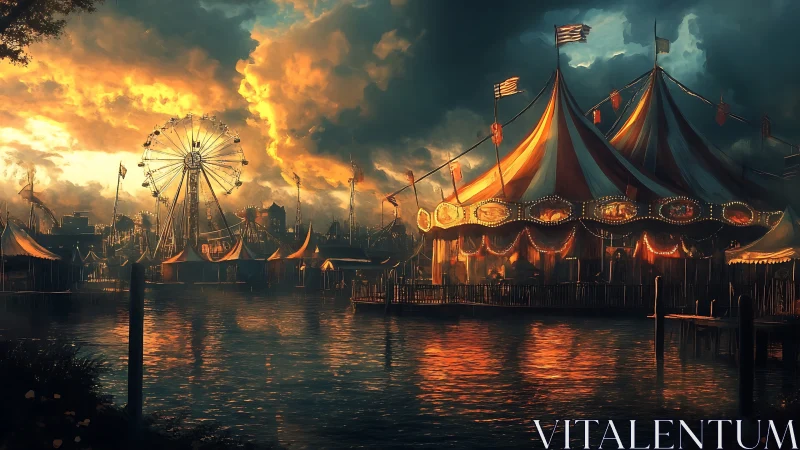 Digital painting of waterfront carnival tents at dramatic sunset.