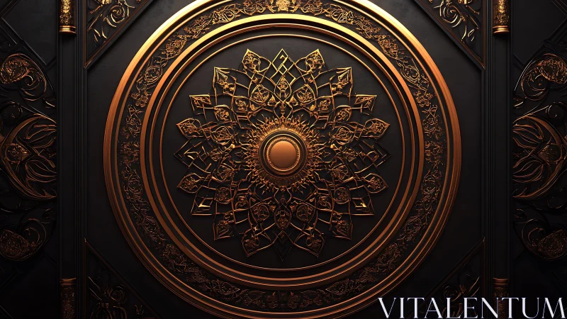 Ornate circular bronze mandala on dark decorative panel.