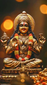 Polished brass deity sculpture under warm defocused bokeh lighting.