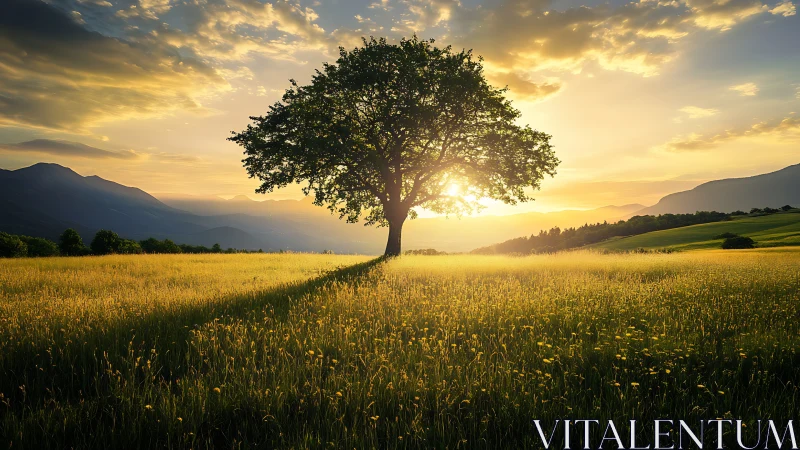 Solitary tree in golden meadow at dramatic sunset light.