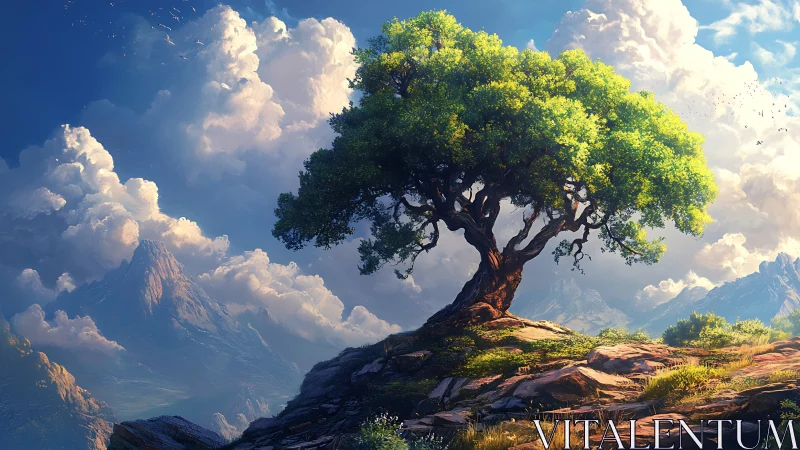 Solitary windswept tree crowns a sunlit alpine ridge