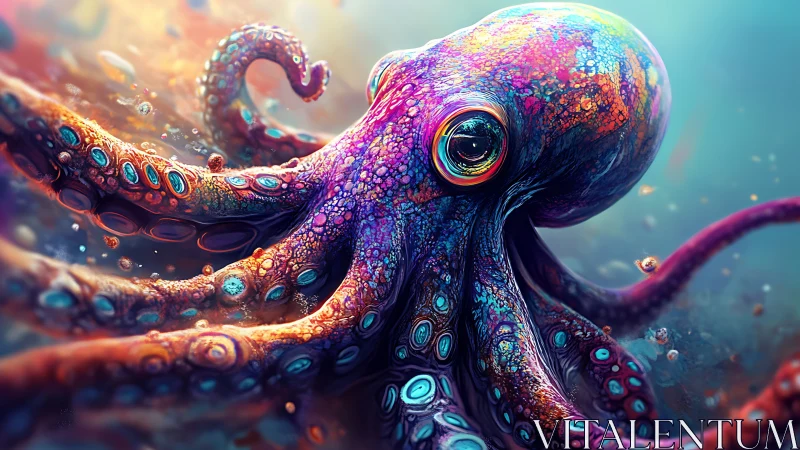 Colorful octopus drifts in a dreamy, glowing underwater world.
