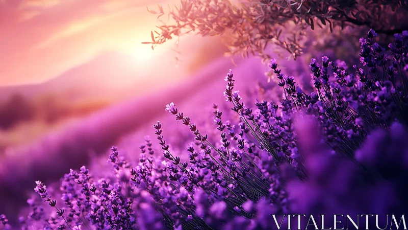 Purple lavender field under vivid pink sunset light glow.