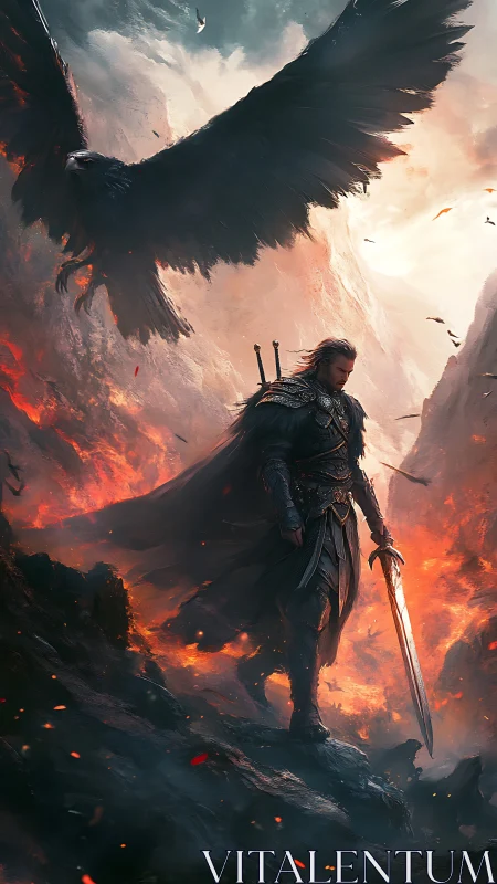 Lone armored warrior beneath blazing raven skies.