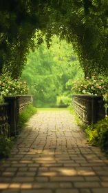 Shaded garden bridge under dense green vine archway path.