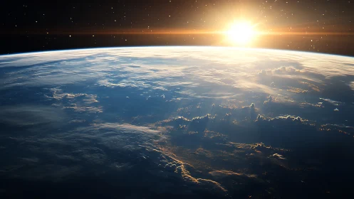 Orbital sunrise over Earth with atmospheric rim lighting.