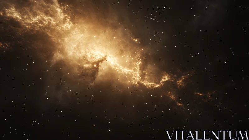 Glowing golden nebula cloud spreads through star field.