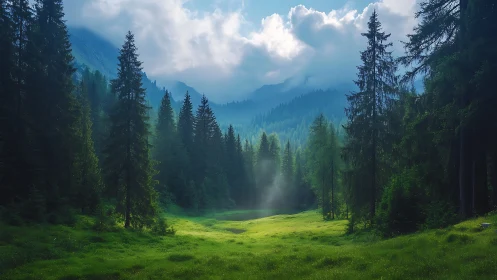 Alpine meadow framed by towering coniferous forest.