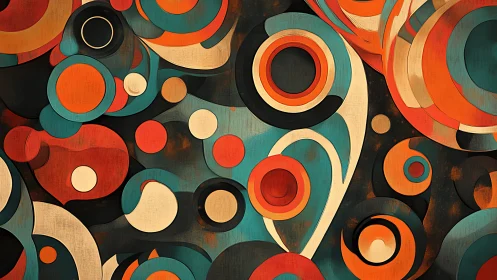 Abstract concentric circles in teal, orange, and cream palette.