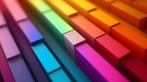 Vibrant 3D geometric blocks in rainbow colors, abstract digital art.