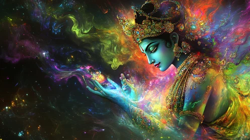 Celestial goddess cradles swirling galaxies in radiant color