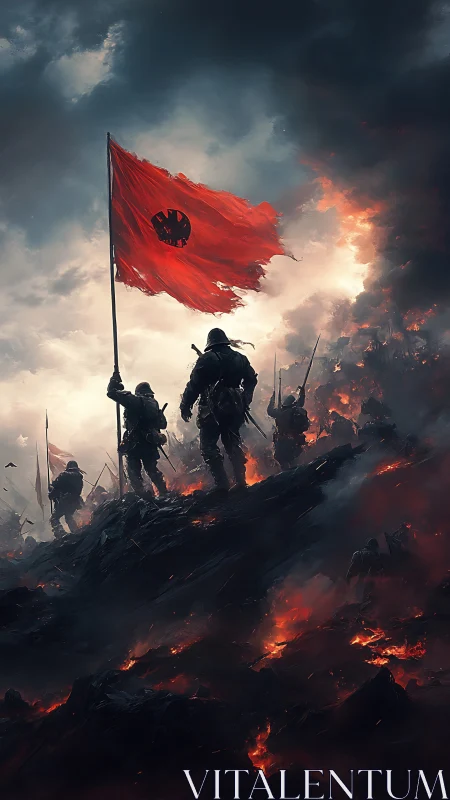 War-torn soldiers raising crimson flag on burning ridge.