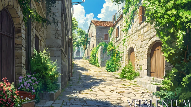 Sunlit stone alley extends between ivy-covered buildings