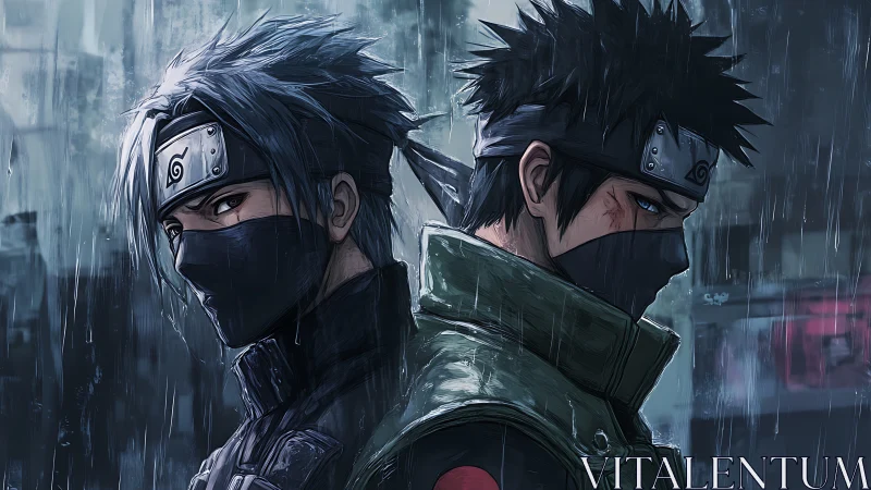Dual masked shinobi in rain rendered with dramatic anime lighting