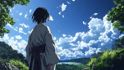 Sky-wrapped wanderer pausing above a sunlit valley hush.