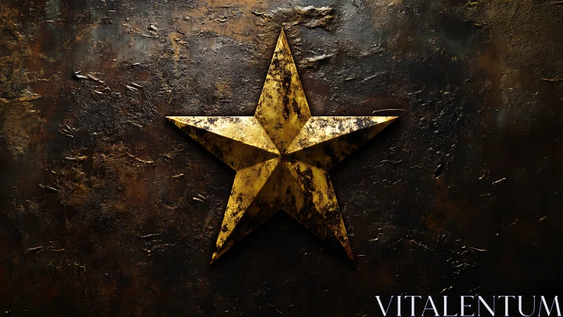 Weathered golden star blazing on dark forged metal wall.