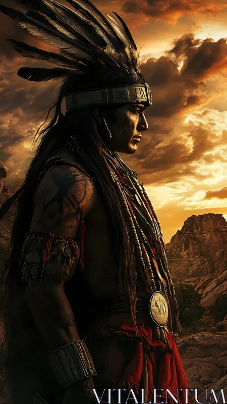 Warrior in feathered headdress stands under blazing sunset sky.