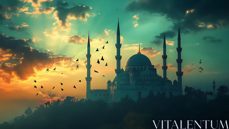 Silhouetted mosque and minarets under cinematic teal sunset sky.