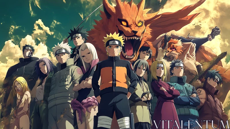 United ninja heroes standing strong before fiery fox spirit.