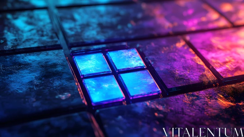 Futuristic Glowing Glass Tiles with Neon Blue and Purple Lighting.