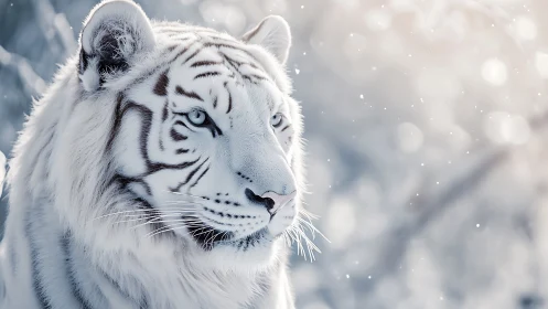 Regal white tiger in softly lit winter snowfall closeup.