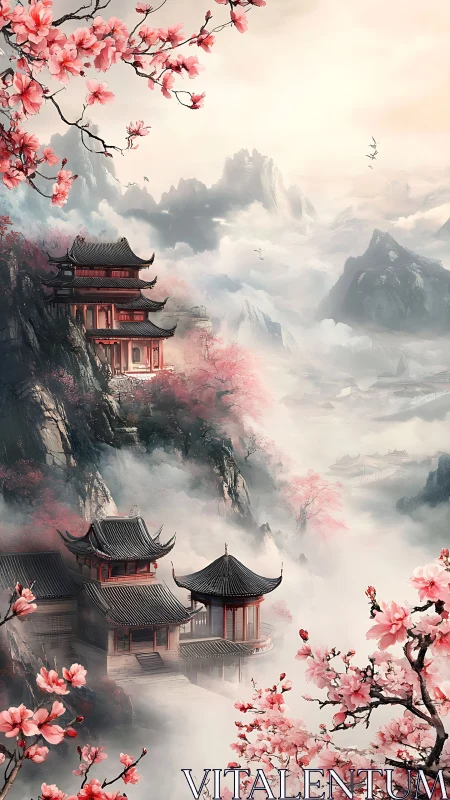 Misty mountain temples framed by blooming cherry blossoms.