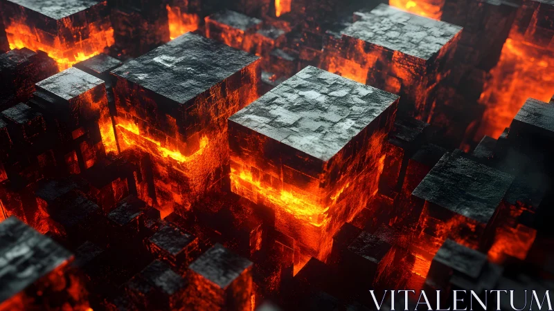 Glowing Lava Cubes in Geometric Abstract Digital Art Scene.