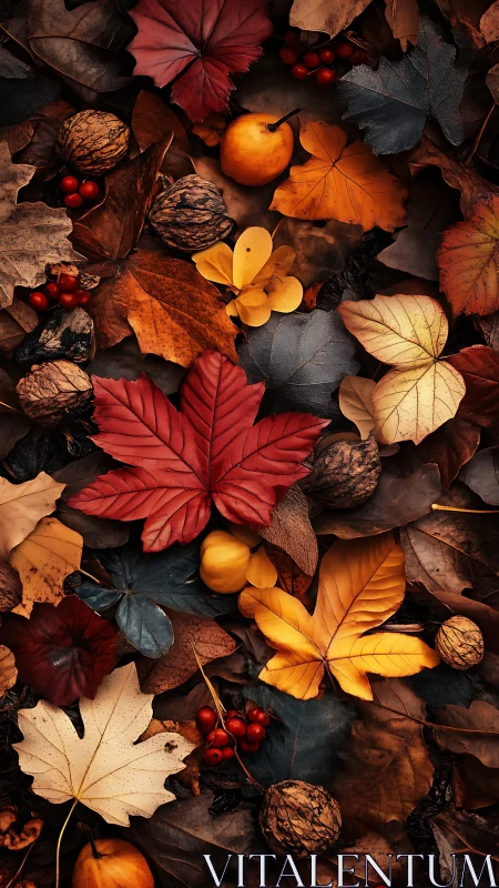 Autumn foliage flat lay with nuts, berries, and warm earth tones.