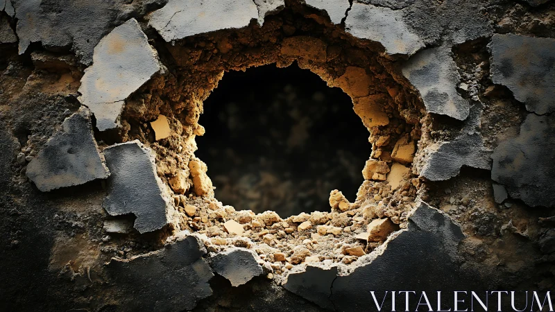 Ruptured concrete wall exposes jagged earthen core in detail