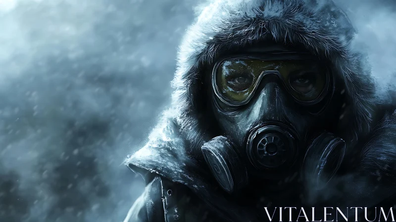 Frostbitten wanderer in a gas mask facing the howling storm.