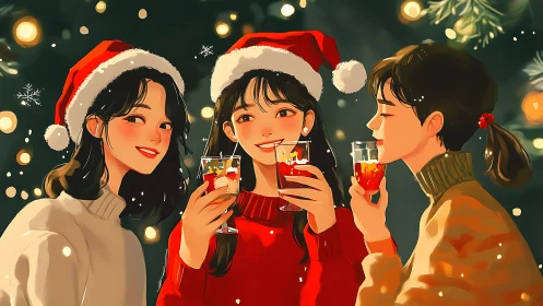 Three friends in Santa hats celebrating Christmas together