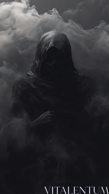 Hooded human figure stands in dense monochrome swirling mist