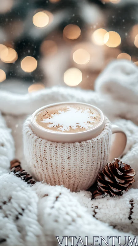 Snowflake latte wrapped in knit blanket glow and pine hush.