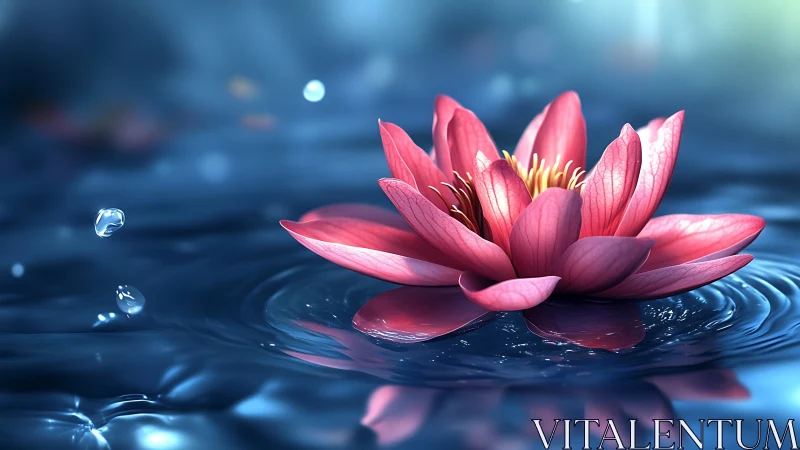 Pink water lily floating in luminous blue ripples.