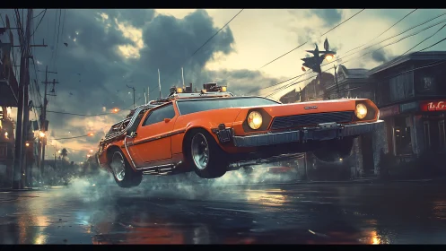 Retro orange hover car over wet street at dusk.