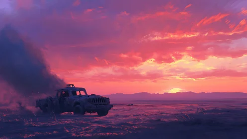 Dusty truck chasing the last light of a neon desert sunset.