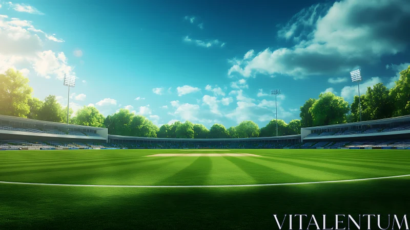 Sunlit cricket stadium with lush outfield and empty stands.