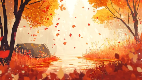 Crimson Cascade: Where Autumn Breath Dances with Reflected Gold.