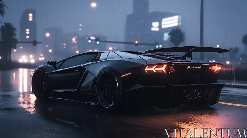 Black supercar waits on wet city street under neon rain