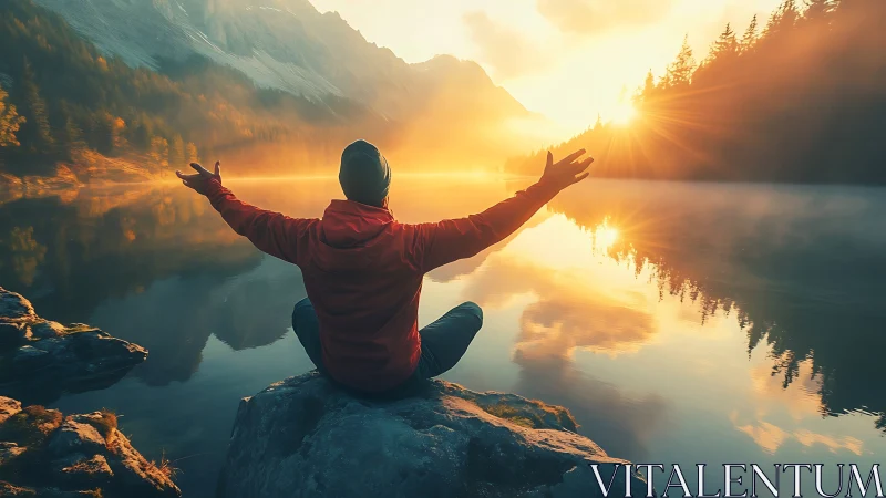 Person seated on lakeside rock facing sunrise over water.