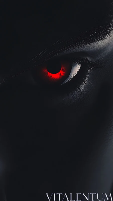 Mystical red eye glows softly within deep shadowed darkness